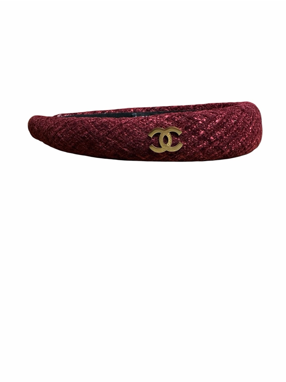 ChaneI. Burgundy Tweed Headband with Gold-Tone Logo Embellished CC Accent
